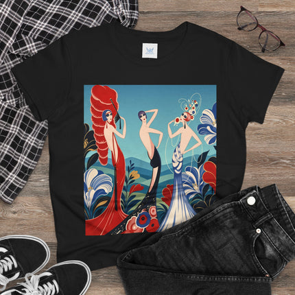 🌹🎭 The Three Ladies Of The Floral Promenade Cotton Tee – Art Deco Fashion Elegance