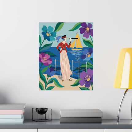 🌊🔭 The Lady Of The Seaside Lookout Matte Vertical Poster – Art Deco Nautical Whimsy