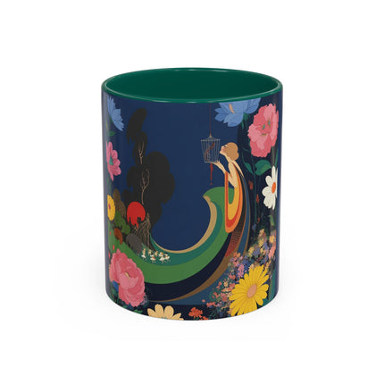 The Lady And The Crimson Moonbird Colorful Mugs – Art Deco Whimsical Garden Elegance
