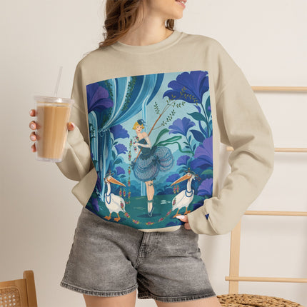 🪶🌺 The Pelican Garden Dance Crewneck Sweatshirt – Art Deco Botanical Whimsy