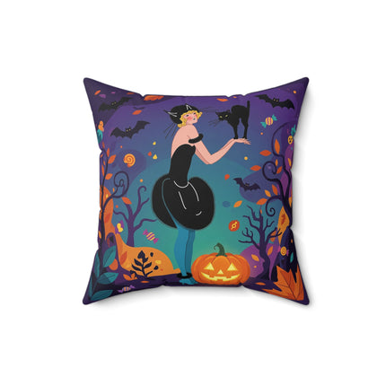 🐈‍⬛🎃 The Midnight Black Cat Masquerade Square Pillow – Whimsical Halloween Elegance