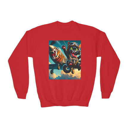 Parachuting Cat Commando Youth Crewneck Sweatshirt – High-Flying Adventure & Bold Fun