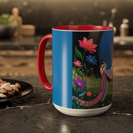 The Lady And The Moonlit Peak Colorful Mugs – Art Deco Alpine Garden Elegance