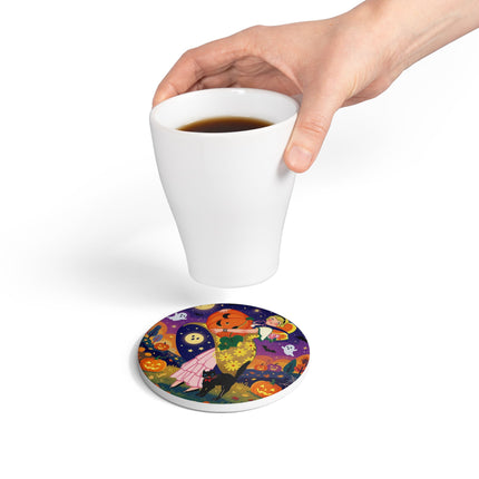 🎃🐈‍⬛ The Pumpkin Moon Embrace Ceramic Coaster – Whimsical Halloween Charm
