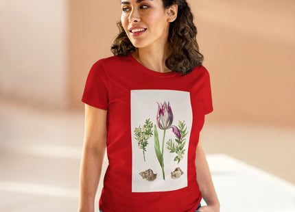 Tulip flower with Two Branches of Myrtle and Shells Cotton Tee