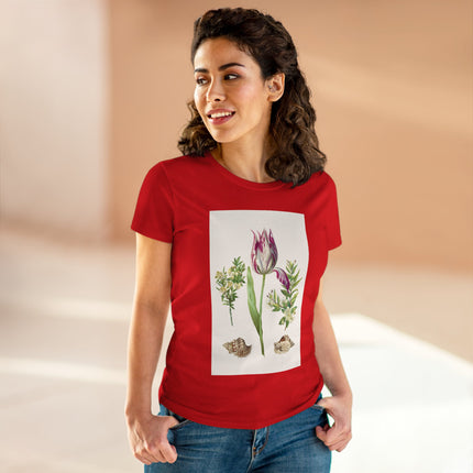 Tulip flower with Two Branches of Myrtle and Shells Cotton Tee