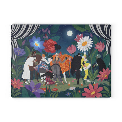 🌙🌺 The Midnight Garden Masquerade Glass Cutting Board – Art Deco Floral Fantasy