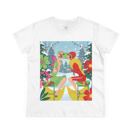 ☕❄️ Christmas Tea In The Snow Garden Cotton Tee – Art Deco Holiday Friendship