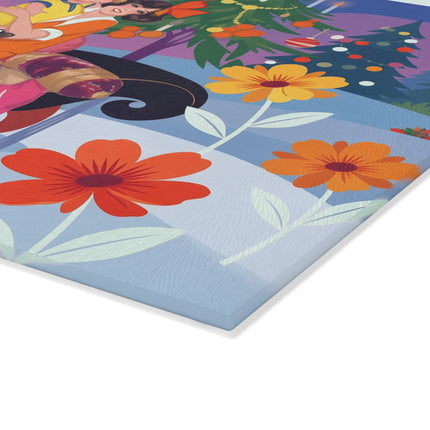🎄🌸 Christmas Morning Embrace Glass Cutting Board – Whimsical Holiday Fantasy