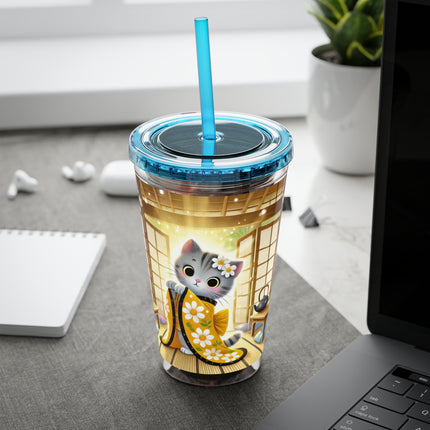 Playful Kitten in the Tea Room Sunsplash Tumbler with Straw, 16oz