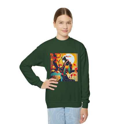 Black Cat in Kimono Youth Crewneck Sweatshirt