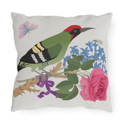 Woodpecker & Rose Outdoor Pillows – Vibrant Nature & Timeless Charm