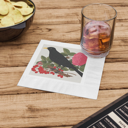 Blackbird & Rose White Coined Napkins – Timeless Elegance & Nature's Harmony