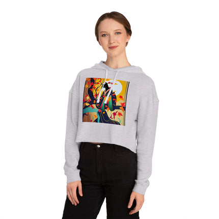 Black Cat in Kimono Women’s Cropped Hooded Sweatshirt