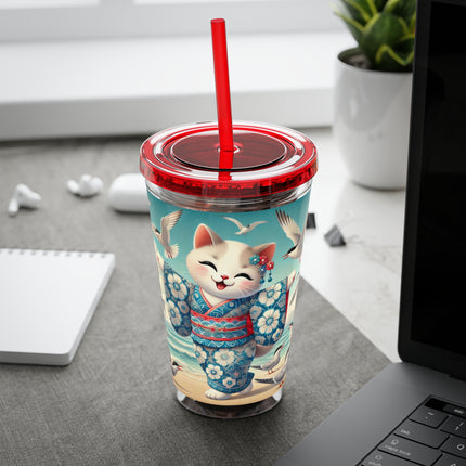 Geisha Kitten by the Seaside Sunsplash Tumbler with Straw, 16oz