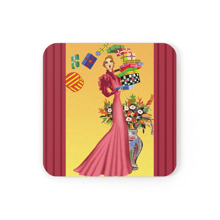 Elegant Holiday Woman with Gifts Cork Back Coaster