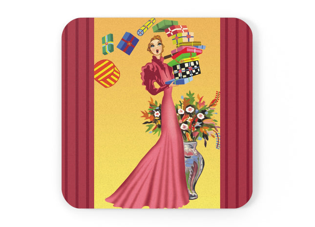 Elegant Holiday Woman with Gifts Cork Back Coaster