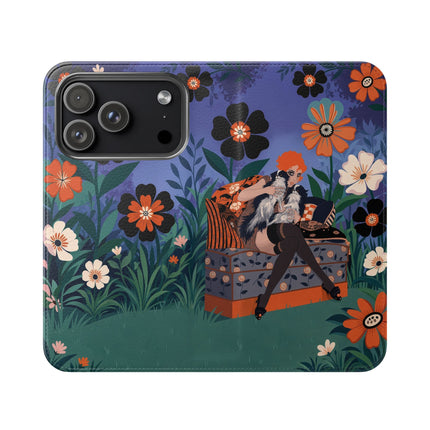🌺🐈 The Lady Of The Midnight Garden Cat Flip Case – Art Deco Floral Fantasy