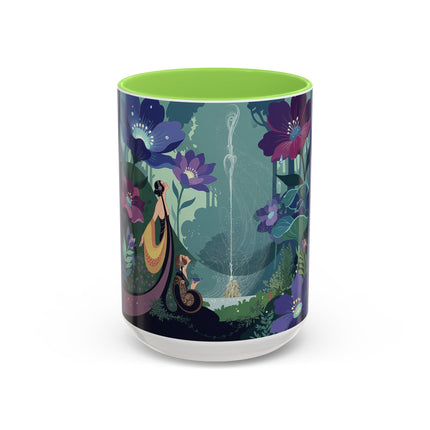 The Lady Of The Moonlit Fountain Colorful Mugs – Art Deco Botanical Serenity