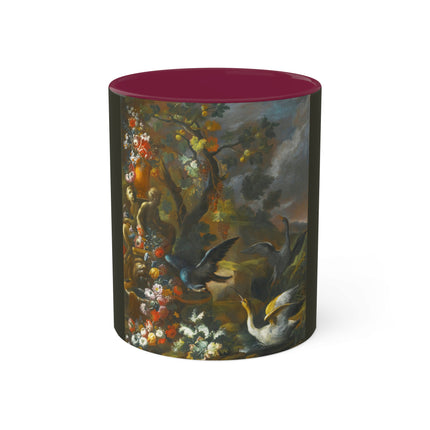 Still Life With Birds Beside An Ornate Fountain by Nicola Casissa Colorful Mugs, 11oz