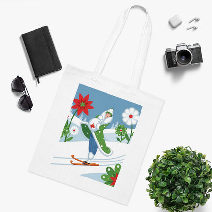 🎿🌺 The Winter Garden Skier Cotton Tote Bag – Colorful Winter Adventure