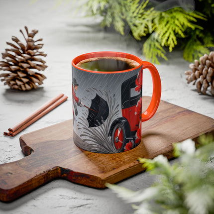 ☔🌹 The Scarlet Rainstorm Promenade Colorful Mug – Art Deco Motoring Elegance