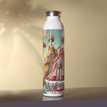 Cherry Blossom Courtesans & Crimson Crab Slim Water Bottle 20oz – Imperial Elegance & Playful Charm
