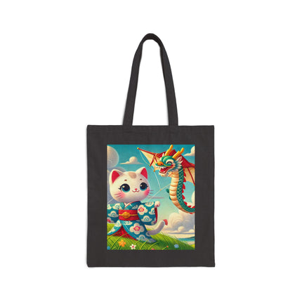 Geisha Kitten and the Dragon Kite Cotton Canvas Tote Bag – Joyful Flight & Dragon Spirit
