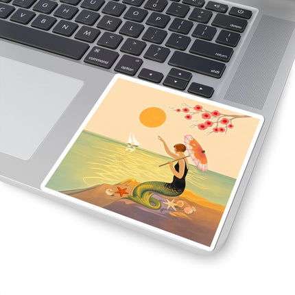 🧜‍♀️☂️ The Mermaid With The Parasol Kiss-Cut Stickers – Art Deco Seaside Fantasy