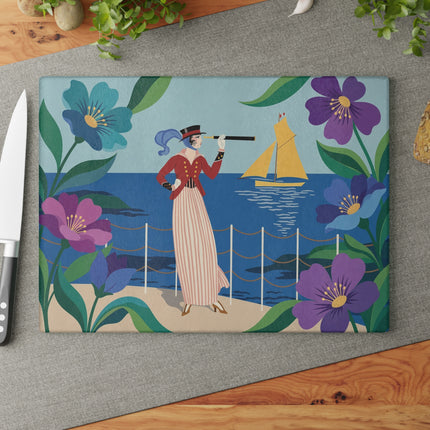 🔭⛵ The Lady Of The Seaside Spyglass Glass Cutting Board – Art Deco Coastal Elegance