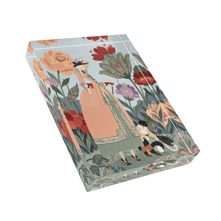 🌸🐈 The Lady And Puss In Boots Grand Floral Promenade Acrylic Art Block – Art Deco Fashion Whimsy