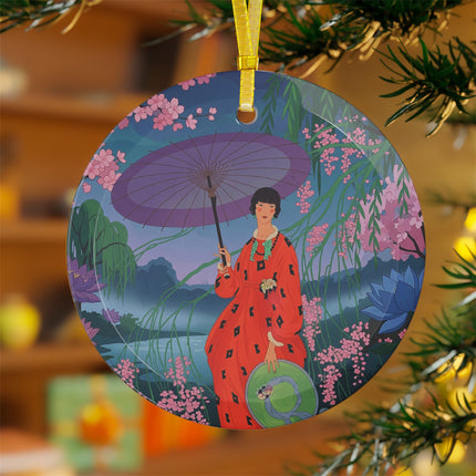 🌸☂️ The Lady Of The Cherry Blossoms Glass Ornament – Art Deco Spring Elegance