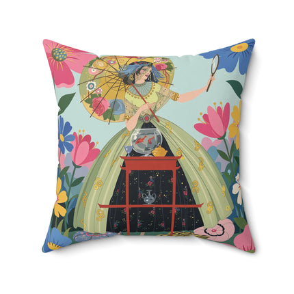🌸🪞 The Lady Of The Floral Parasol Square Pillow – Art Deco Garden Whimsy