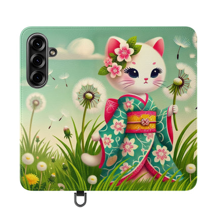🌾🌼 Geisha Kitten and the Dandelion Wish Flip Case – Gentle Wishes & Quiet Wonder