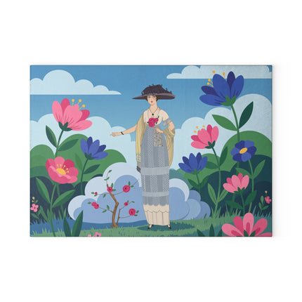 🌸🎀 The Lady Of The Rose Garden Glass Cutting Board – Art Deco Floral Fashion Elegance