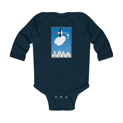 Benevolent Wings Baby Long Sleeve Bodysuit – Cozy Vintage Stork Delivery Design