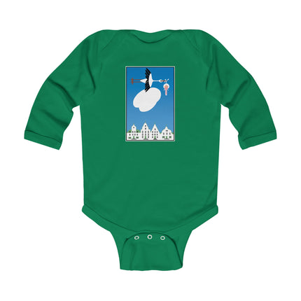 Benevolent Wings Baby Long Sleeve Bodysuit – Cozy Vintage Stork Delivery Design