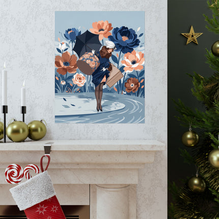 ☂️🌸 The Lady Of The Grand Floral Journey Matte Vertical Poster – Art Deco Fashion Illustration