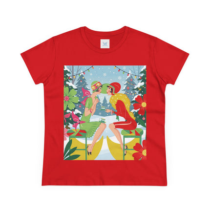 ☕❄️ Christmas Tea In The Snow Garden Cotton Tee – Art Deco Holiday Friendship