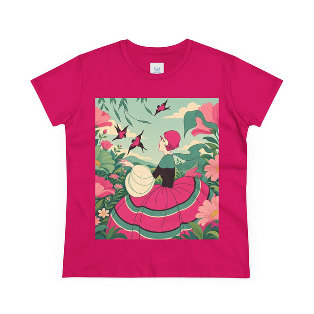 🐦🌺 The Garden Of Flying Birds Cotton Tee – Art Deco Floral Whimsy