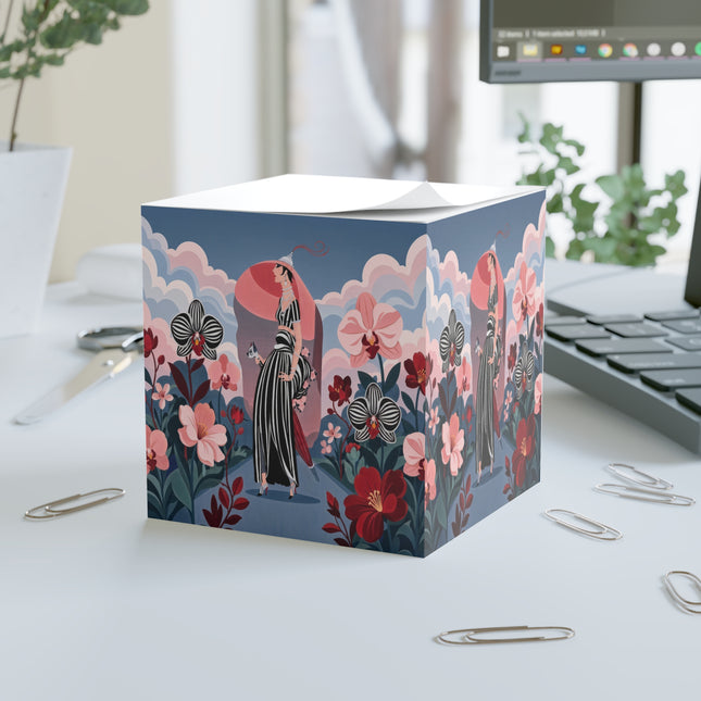 🌸🖤 The Striped Orchid Promenade Note Cube – Art Deco Floral Fashion