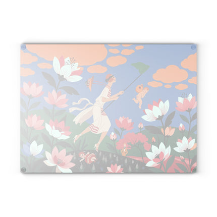 🌸🦋 The Butterfly Chase Garden Glass Cutting Board – Art Deco Whimsical Floral Elegance