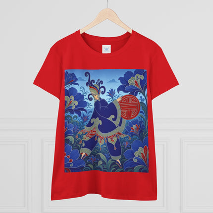 💙🌺 The Imperial Blue Garden Cotton Tee – Art Deco Oriental Elegance