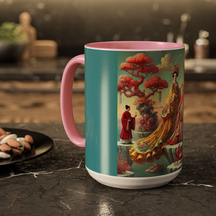 Cherry Blossom Courtesans & Crimson Crab Colorful Mug – Imperial Elegance & Playful Charm