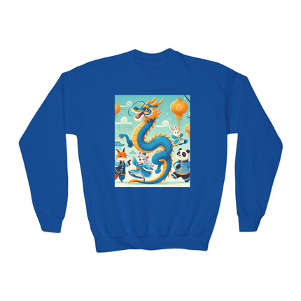 Blue & Gold Dragon Festival Parade Youth Crewneck Sweatshirt – Celebration, Color & Joyful Movement