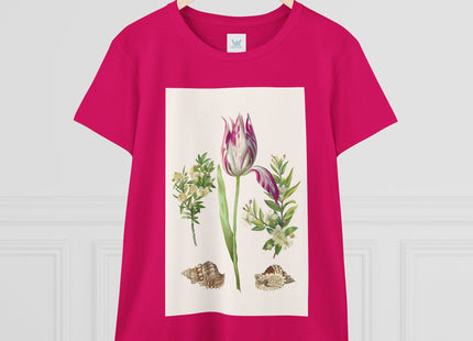 Tulip flower with Two Branches of Myrtle and Shells Cotton Tee
