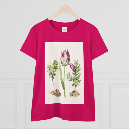Tulip flower with Two Branches of Myrtle and Shells Cotton Tee