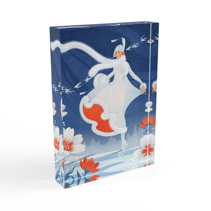 ❄️⛸️ The Winter Skater’s Flight Acrylic Art Block – Art Deco Floral Fantasy