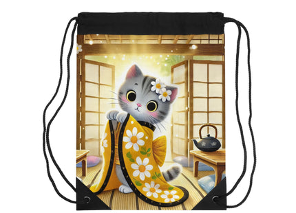 Playful Kitten in the Tea Room Drawstring Bag