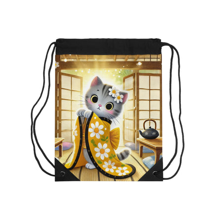 Playful Kitten in the Tea Room Drawstring Bag